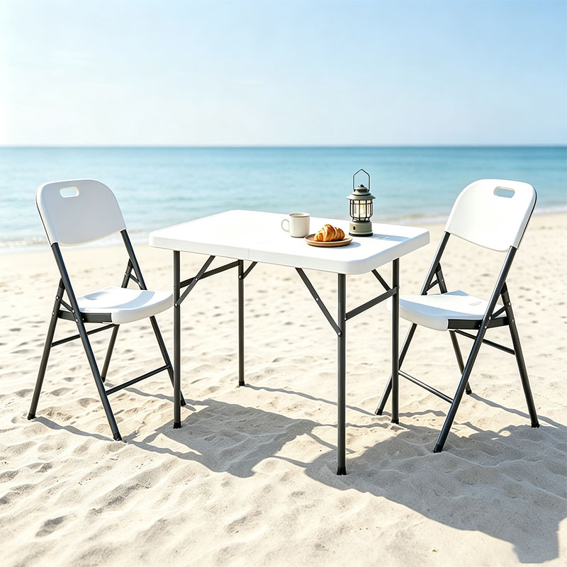 80cm HDPE folding square table beach outdoor scene